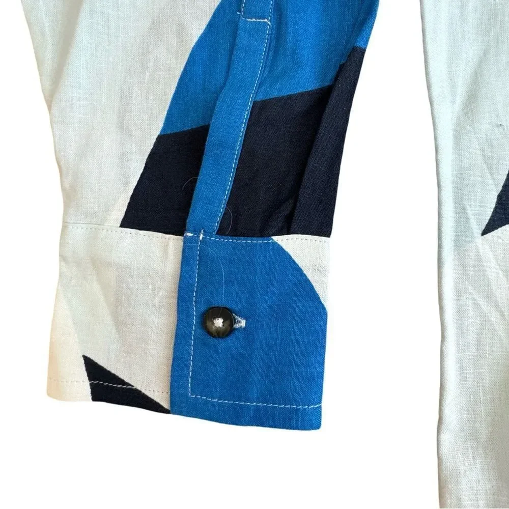Calia Women's Wavy Blocks Blue Oversized Long Slv Button Down Cover Up (M) NWT